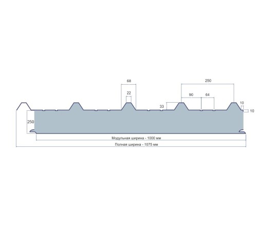 Сэндвич панели кровельные с пенополиуретаном, ширина 1000 мм, толщина 250 мм, 0.5/0.5, RAL8004