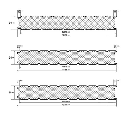 Сэндвич панели стеновые с пенополиуретаном, ширина 1000 мм, толщина 30 мм, 0.5/0.5, RAL2004